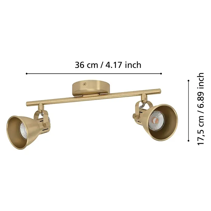 Eglo Seras Deckenstrahler SERAS - 6 W, Gold, GU10, 2 Stk. - Aufnahme eines Gold-Strahlers mit zwei Strahlern und den Abmessungen in Zentimetern und Zoll.