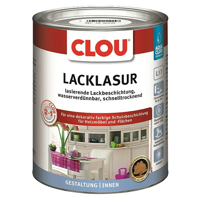 Clou Aqua Lacklasur Combi-Clou L17 - Weiß, 750 ml, Seidenmatt - Dose Clou Lacklasur, eine wasserbasierte, schnelltrocknende Lackbeschichtung für dekorative Holzmöbel und Flächen im Innenbereich.