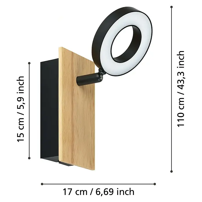 Eglo LED-Wand- & Deckenleuchte Rielves - 4,7 W, Holz, Stahl, Schwarz, Warmweiß - Moderne Wandleuchte mit Holz- und schwarzem Rechtecksockel, mit verstellbarem schwarzem Ring-LED-Licht und weißem Diffusor.