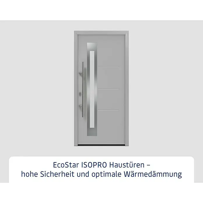 Hörmann EcoStar Haustür ISOPRO IP 780S - 110 x 210 cm, DIN Anschlag: Links, Weißaluminium - Moderne hellgraue Haustür mit langem Stangengriff, vertikalem Glaseinsatz und drei horizontalen Nuten.