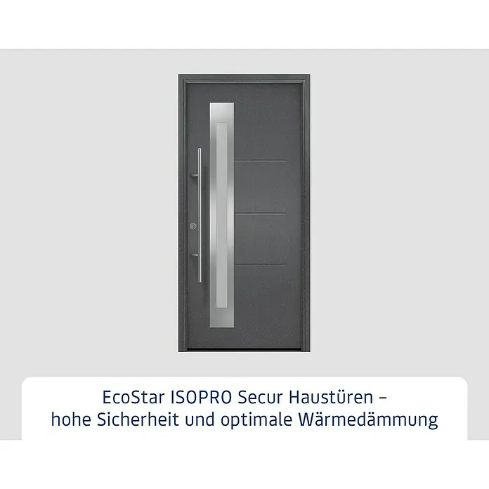 Hörmann EcoStar Haustür ISOPRO Secur IPS 780S - 110 x 210 cm, DIN Anschlag: Links, CH 703 Anthrazit Metallic - Abgebildet ist eine moderne EcoStar ISOPRO Secur Haustür mit Glaseinsatz und langem Griff. Die Tür ist grau und bietet hohe Sicherheit und Wärmedämmung.