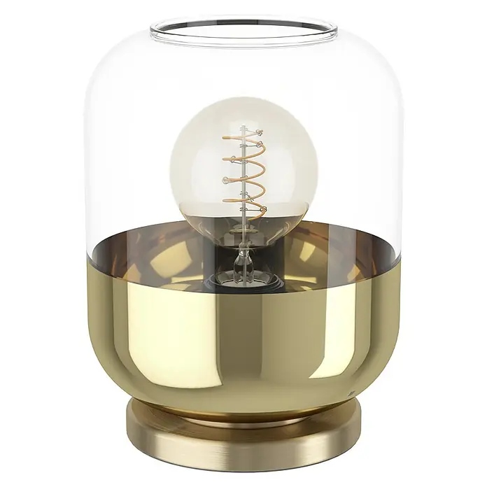 Eglo Maryvilla Tischleuchte - 40 W, Brüniert, E27 - Elegante Tischleuchte mit goldenem Sockel und transparentem Glasschirm, die ein warmes, einladendes Licht verbreitet.
