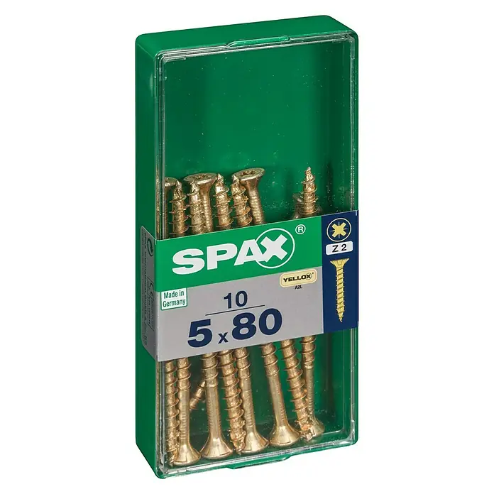 Spax Universalschraube - 5 x 80 mm, Vollgewinde, 10 Stk. - Packung mit 10 SPAX YELLOX A2L Schrauben (5x80) im grünen Kunststoffbehälter. Ideal für Holzkonstruktionen und Heimwerkerprojekte.