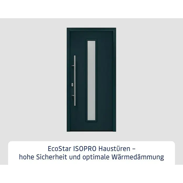 Hörmann EcoStar Haustür ISOPRO IP 020S - 110 x 210 cm, DIN Anschlag: Links, Anthrazitgrau - Dunkelblaue Eingangstür mit modernem Design, langem silbernen Stangengriff und vertikalem Milchglaseinsatz.