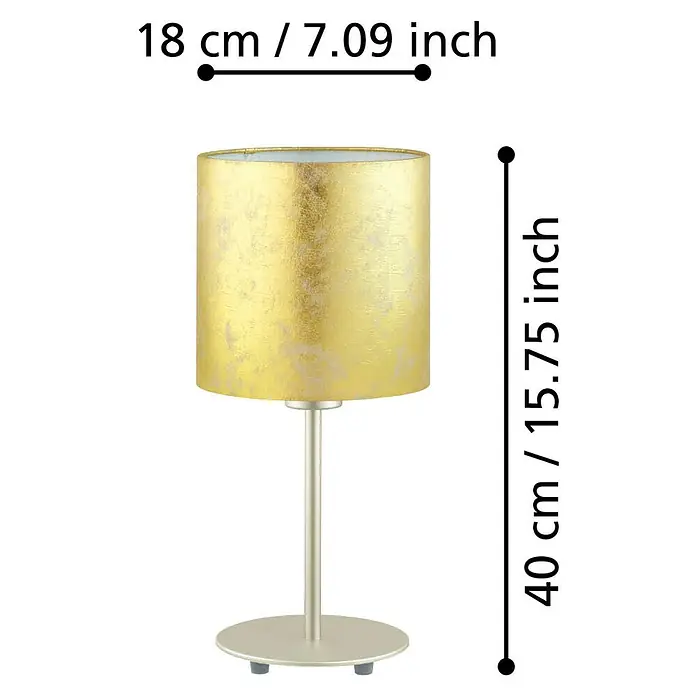 Eglo Viserbella Tischleuchte - 60 W, Champagner, E27 - Produktbild einer goldenen Tischleuchte mit Maßangaben.