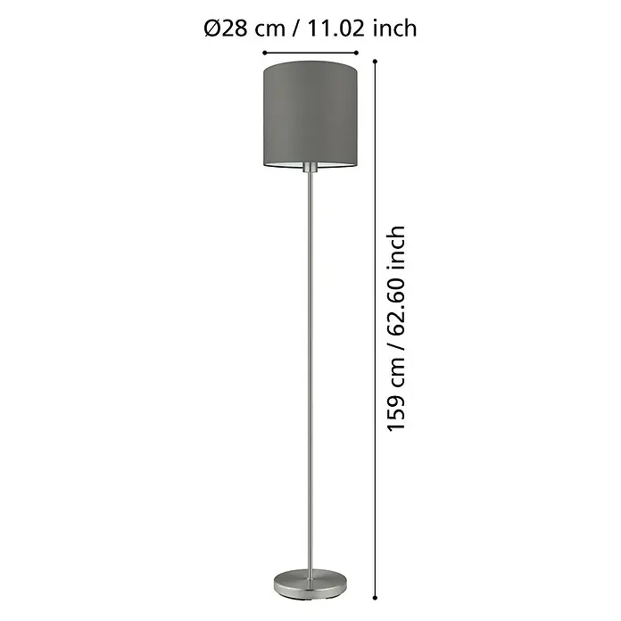 Eglo Stehleuchte Pasteri - Höhe: 157,5 cm, Taupe - Das Bild zeigt eine Stehlampe in Grau mit den Maßen Ø28 cm / 11,02 Zoll (Schirm) und 159 cm / 62,60 Zoll (Höhe).
