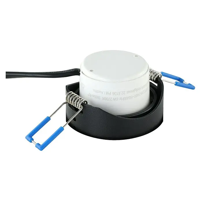 Eglo LED-Einbauleuchte SALICETO - Warmweiß, Durchmesser: 8,8 cm, Schwarz, 1 Stk. - Nahaufnahme einer runden, weißen LED-Einbauleuchte mit schwarzer Fassung und blauen Klemmen.