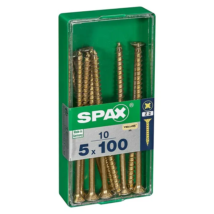 Spax Universalschraube - 5 x 100 mm, Vollgewinde, 10 Stk. - Packung gelbe Spax-Holzschrauben der Größe 5x100 mm in einer grünen und transparenten Kunststoffbox.