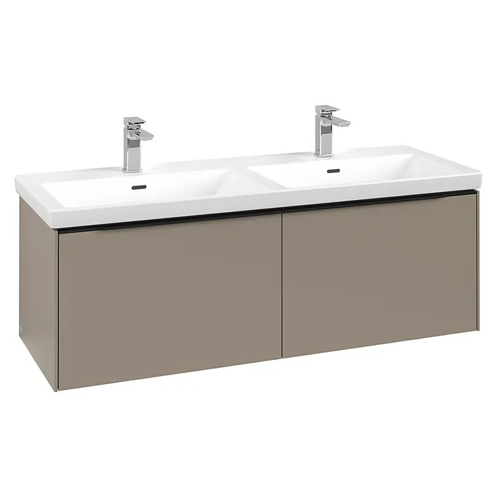 Villeroy & Boch Subway 3.0 Waschbeckenunterschrank - Taupe, Anzahl Schubladen: 2 Stk., Farbe Griff: Volcano Black, B x T x H: 127,2 x 47,8 x 42,9 cm, Mit Beleuchtung, Geeignet für Doppelwaschtisch - Doppelwaschtischunterschrank mit weißen Keramikwaschbecken und taupefarbenem Schrank.