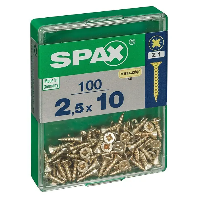 Spax Universalschraube2,5 x 10 mm, Vollgewinde, 100 Stk. - Dose Spax Senkkopfschrauben mit Teilgewinde Yellox A2L, 2,5x10mm, 100 Stück. Ideal für Holzverbindungen im Innenbereich, für saubere und bündige Verschraubungen.