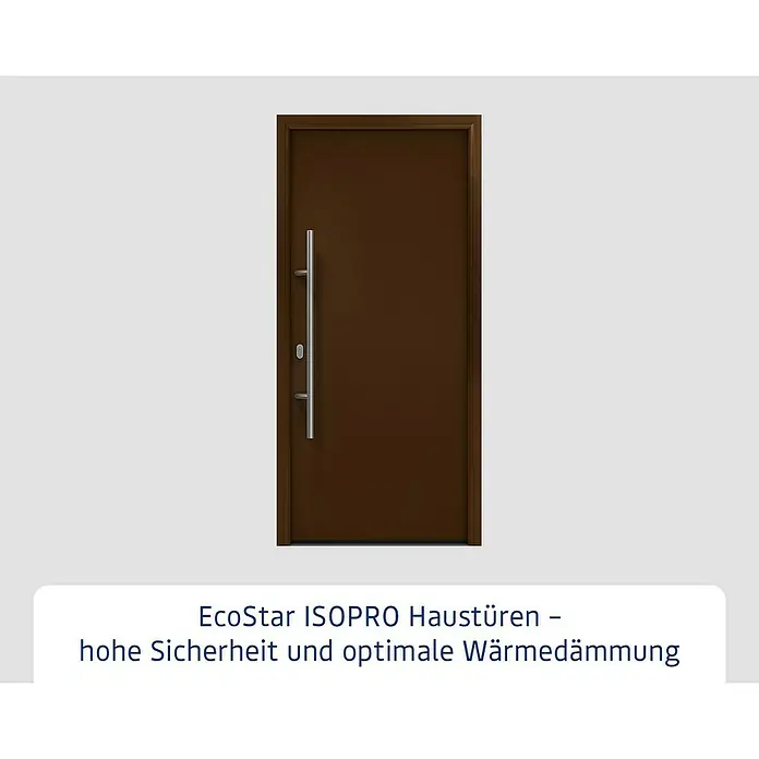 Hörmann EcoStar Haustür ISOPRO IP 010 - 110 x 210 cm, DIN Anschlag: Links, Terrabraun - Braune EcoStar ISOPRO Haustür mit silbernem Griff, bietet hohe Sicherheit und optimale Wärmedämmung.