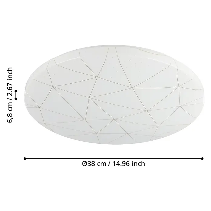 Eglo LED-Deckenleuchte RENDE rund - 19,5 W, L x B x H: 38 x 38 x 6 cm, Weiß, Warmweiß, Rund - Produktbild einer Deckenleuchte mit geometrischem Muster und den Maßen 38 cm Durchmesser und 6,8 cm Höhe.