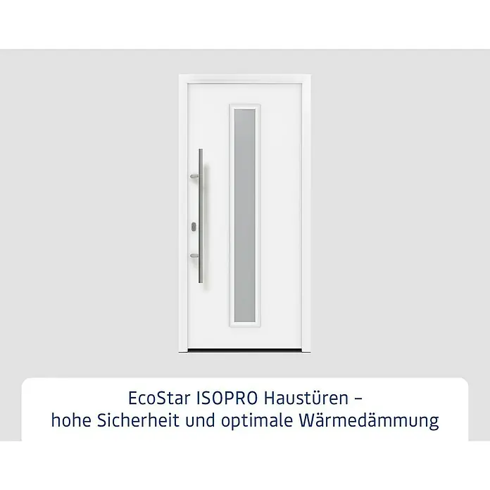 Hörmann EcoStar Haustür ISOPRO IP 020S - 110 x 210 cm, DIN Anschlag: Links, Verkehrsweiß - Weiße EcoStar ISOPRO Haustür mit langem Edelstahlgriff und vertikalem Glaseinsatz.