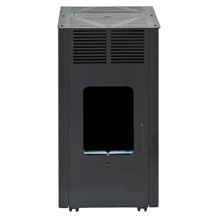 Firefix Gasheizer 4200 ECO+ - L x B x H: 50 x 47,5 x 90 cm, Schwarz - Dunkelgrauer Pelletofen mit Sichtfenster, blauen Flammen und Lüftungsschlitzen zum Heizen.