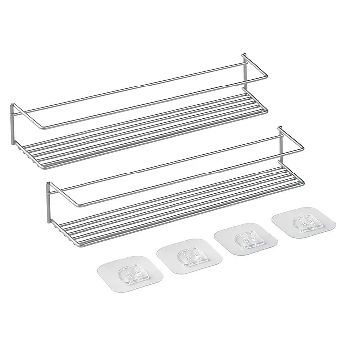 Metaltex Gewürzregal Paprika Regal U-Fix Set - Silbermetallic, L x B x H: 32 x 8 x 5 cm, Metall, 2 Stk. - Zwei silberfarbene Metallgitterregale mit vier transparenten Klebehaken zur Wandmontage.
