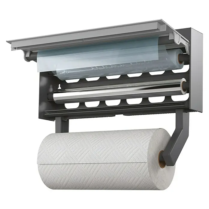 Metaltex Küchenrollenhalterung Tango Inox - L x B x H: 63 x 381 x 166 mm - Wandmontierter Küchenrollenhalter in Dunkelgrau/Silber für Frischhaltefolie, Alufolie und Papierrollen.