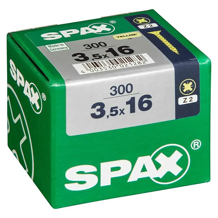 Spax Universalschraube - 3,5 x 16 mm, Vollgewinde, 300 Stk. - Nahaufnahme einer grünen Spax-Schraubenbox mit gelben Schrauben, Größenangabe 3,5x16 und Barcode für präzise Heimwerkerarbeiten.
