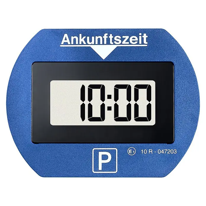 Needit Elektrische Parkscheibe Automatisch Park Lite -  - Blaue digitale Parkscheibe mit 'Ankunftszeit' Text, Anzeige '10:00'.
