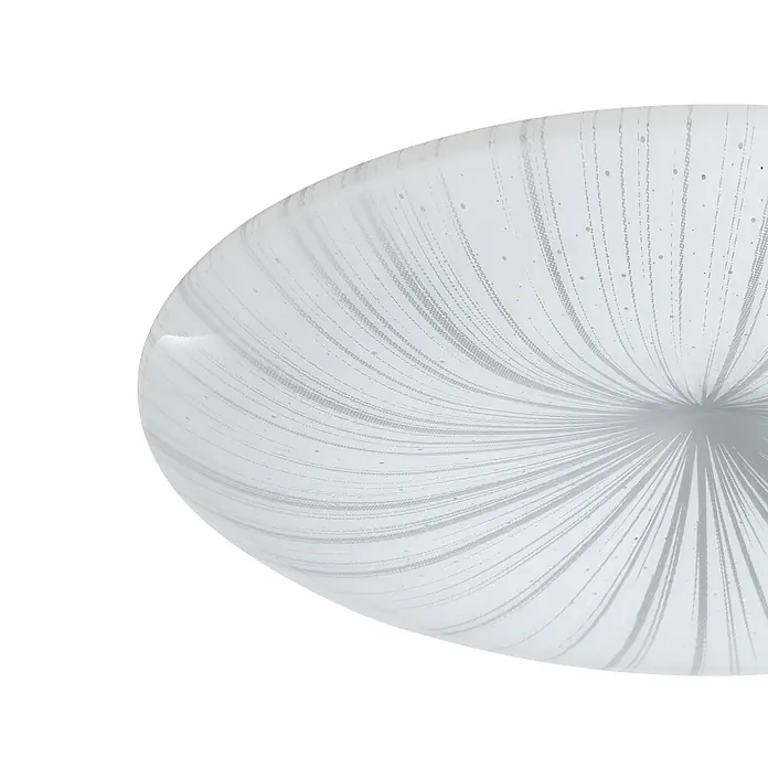 Eglo LED-Deckenleuchte rund NIEVES - 10 W, Ø x H: 31 x 6 cm, Weiß/Silber, Warmweiß - Nahaufnahme einer grauen, kreisförmigen Glaslampe mit einem strahlenförmigen Muster, die eine moderne Beleuchtungslösung darstellt.