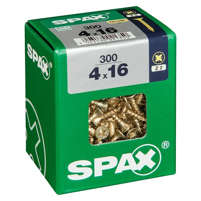 Spax Universalschraube - 4 x 16 mm, Vollgewinde, 300 Stk. - Dose mit 300 SPAX Universalschrauben, gelb verzinkt, mit Senkkopf, Kreuzschlitz Z, ideal für Holzverbindungen im Innenbereich.