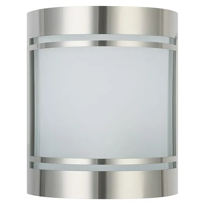 Außenwandleuchte - 40 W, 140 x 105 x 165 mm, Weiß, IP44 - Nahaufnahme einer zylindrischen Wandleuchte mit gebürstetem Nickelrahmen und Milchglasschirm, die ein sanftes und diffuses Licht ausstrahlt.