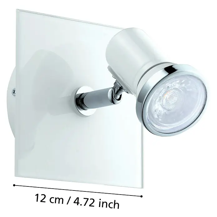 Eglo LED-Wandstrahler Tamara 1 - 3 W, Chrom, Weiß - Nahaufnahme einer modernen, weißen Wandleuchte mit Chromdetails und einem quadratischen Glasrahmen.