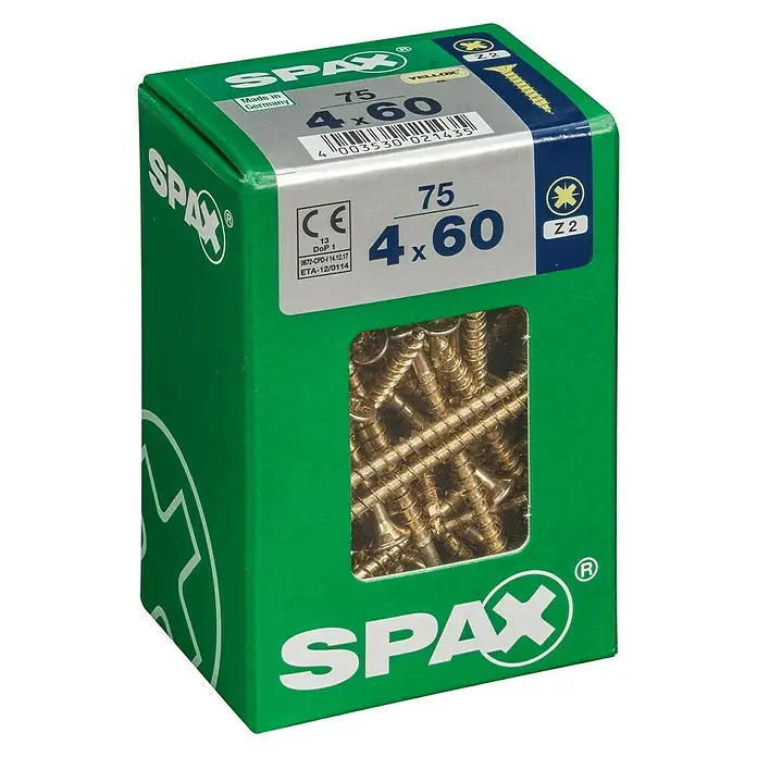Spax Universalschraube - 4 x 60 mm, Vollgewinde, 75 Stk. - Eine grüne Spax-Schrauben-Box, gefüllt mit gelben Holzschrauben, Größe 4x60, ideal für Holzkonstruktionen und Heimwerkerprojekte.