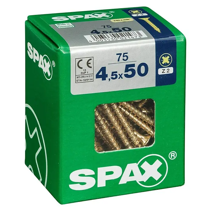 Spax Universalschraube4,5 x 50 mm, Vollgewinde, 75 Stk. - Eine grüne Spax-Schraubenbox mit gelben Senkkopfschrauben, ideal für Holzverbindungen, mit den Maßen 4,5x50 und Made in Germany.