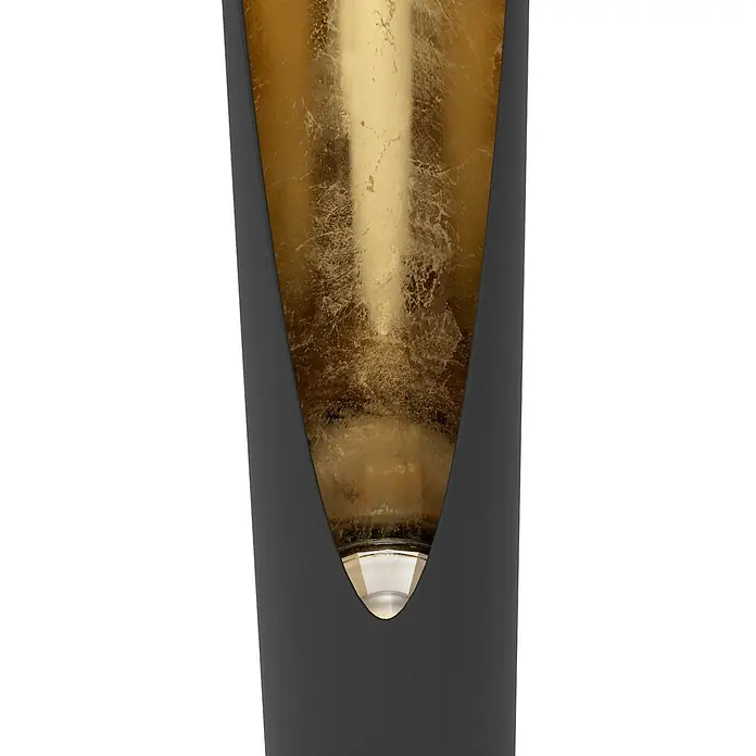 Eglo Barbotto LED-Tischleuchte rund - 5 W, Ø x H: 100 mm x 39,5 cm, Gold, Schwarz, Warmweiß - Nahaufnahme einer eleganten goldenen Wandleuchte, die ein warmes Licht in einem modernen Design ausstrahlt.
