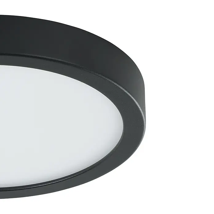 Eglo LED-Deckenleuchte Fueva 5 Sensor - 17 W, Schwarz, Warmweiß, Durchmesser: 21 cm - Nahaufnahme einer schwarzen LED-Deckenleuchte mit einem runden, weißen Diffusor.