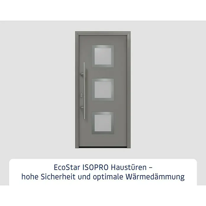 Hörmann EcoStar Haustür ISOPRO IP 810S - 110 x 210 cm, DIN Anschlag: Links, Graualuminium - EcoStar ISOPRO Haustür in Grau mit drei quadratischen Glaseinsätzen und langem silbernen Griff, für hohe Sicherheit und optimale Wärmedämmung.