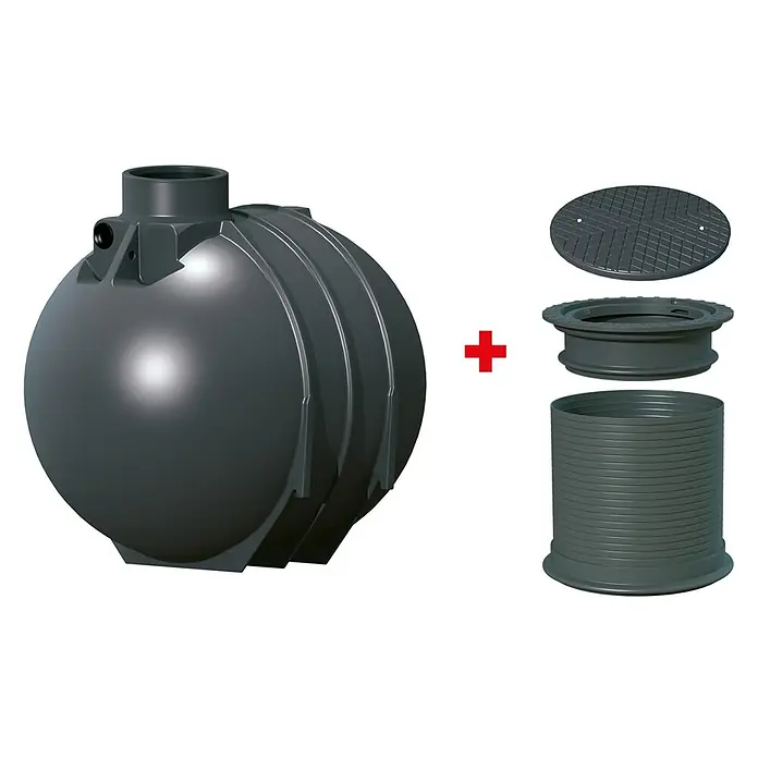 Rewatec Zisterne BlackLine II - Gesamt Fassungsvermögen: 5.200 l, 1 Stk. - Dunkelgrauer, sphärischer Erdtank mit separatem geriffeltem Zugangsschacht, Rahmen und gemustertem Deckel.