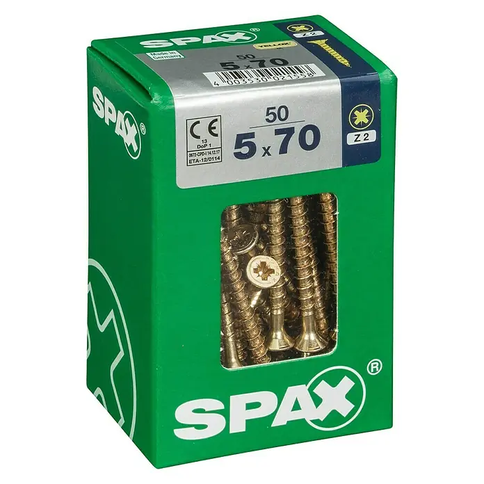 Spax Universalschraube - 5 x 70 mm, Vollgewinde, 50 Stk. - Eine grüne Schachtel SPAX Universalschrauben, 5 x 70 mm, mit gelb verzinkter Oberfläche, ideal für diverse Befestigungsarbeiten im Innenbereich.