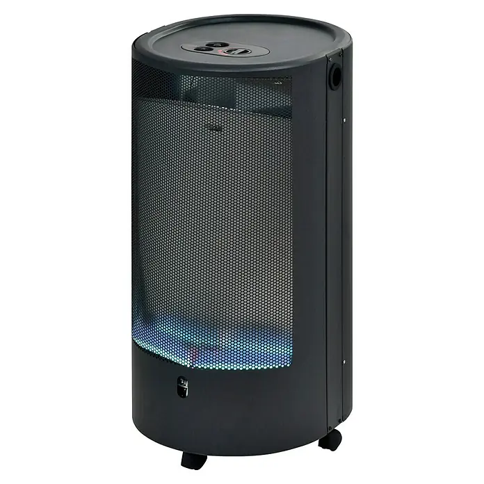 Firefix Gasheizer Chic 4200 Eco - L x B x H: 34 x 46 x 77,5 cm, Schwarz - Abbildung einer schwarzen Terrassenheizung mit einem runden Design und einem Schutzgitter, das die Flammen umschließt.