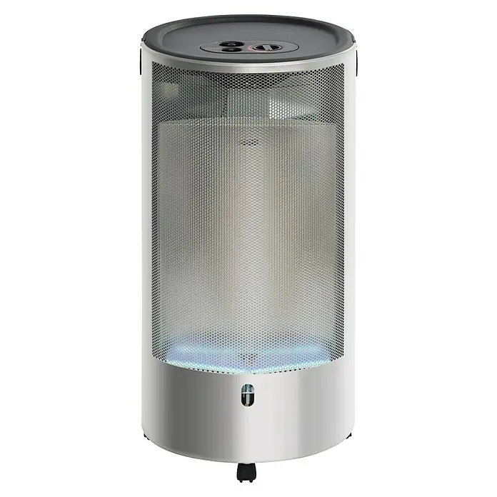 Firefix Gasheizer Chic 4200 Eco - L x B x H: 34 x 46 x 77,5 cm, Silber - Bild einer zylindrischen Terrassenheizung mit silberner Basis, einem Gittergehäuse und blauen Flammen im Inneren.