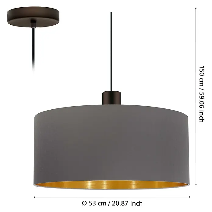 Eglo Concessa 1 Pendelleuchte - Ø x H: 530 mm x 150 cm - Deckenleuchte in Grau mit goldener Innenseite. Die Lampe hat eine Höhe von 150cm und einen Durchmesser von 53cm.