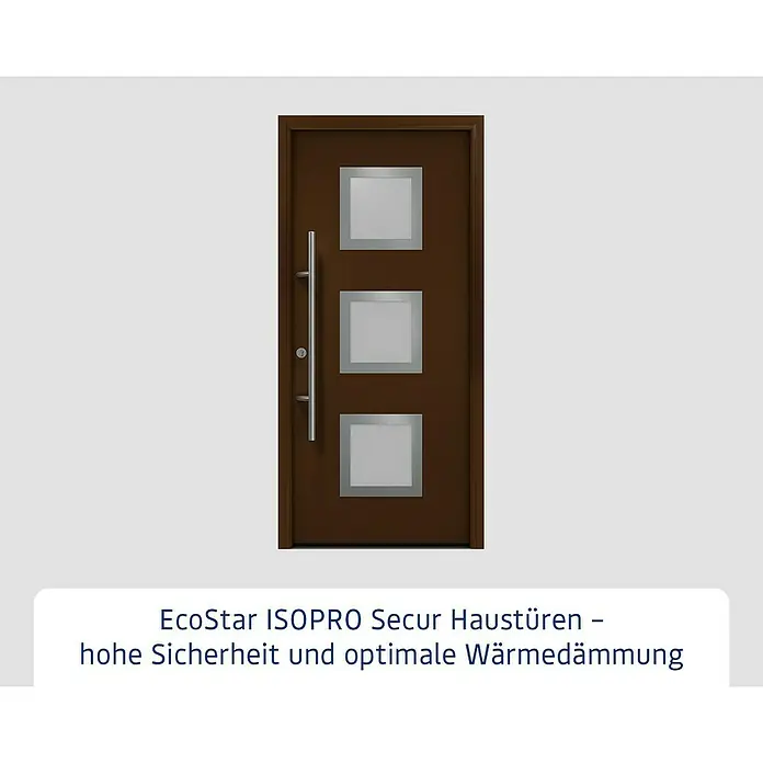 Hörmann EcoStar Haustür ISOPRO Secur IPS 810S - 110 x 210 cm, DIN Anschlag: Links, Terrabraun - Braune Eingangstür mit drei quadratischen Glaseinsätzen, silbernen Rahmen und langem silbernem Griff.
