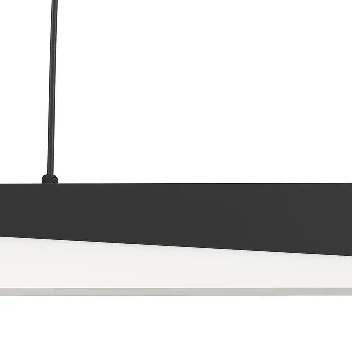 Eglo Isidro LED-Pendelleuchte - 27 W, L x B x H: 79,5 x 6 x 11 cm, Schwarz, Warmweiß - Eine Nahaufnahme einer modernen LED-Hängeleuchte mit einem schlanken, schwarzen Gehäuse und einem hellen, weißen Diffusor, ideal für Büros und Wohnräume.