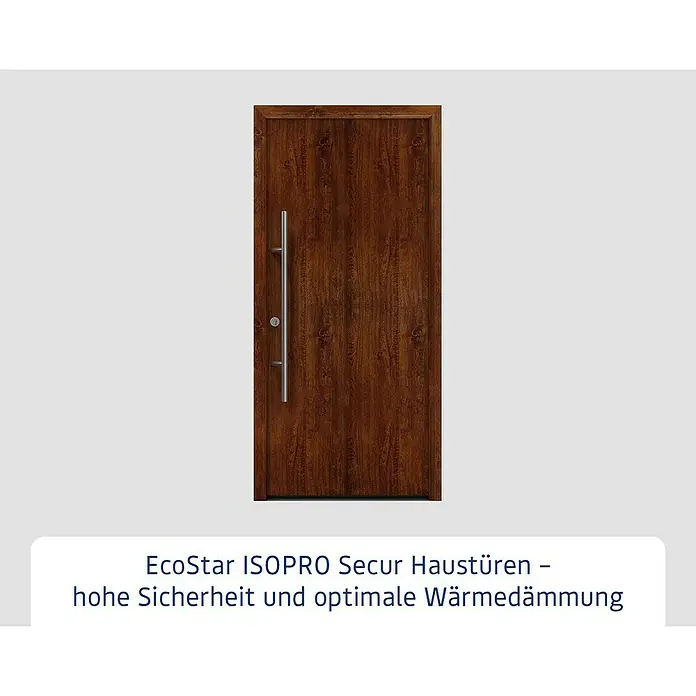 Hörmann EcoStar Haustür ISOPRO Secur IPS 010 - 110 x 210 cm, DIN Anschlag: Links, Dark Oak - Moderne dunkelbraune Haustür mit Holzmaserung und langem vertikalen silbernen Griff.