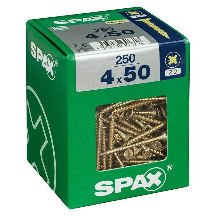 Spax Universalschraube - 4 x 50 mm, Vollgewinde, 250 Stk. - Eine grüne Spax-Schraubenbox mit 250 gelb verzinkten Senkkopfschrauben, ideal für Holzkonstruktionen und Heimwerkerprojekte.