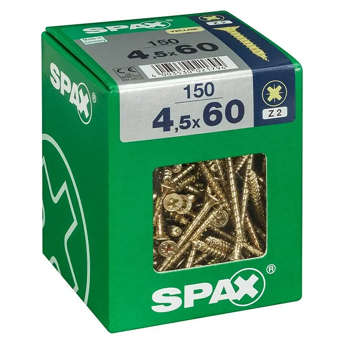 Spax Universalschraube - 4,5 x 60 mm, Vollgewinde, 150 Stk. - Eine grüne Packung Spax Schrauben, 4,5 x 60 mm, mit einer transparenten Öffnung, durch die die goldenen Schrauben sichtbar sind.