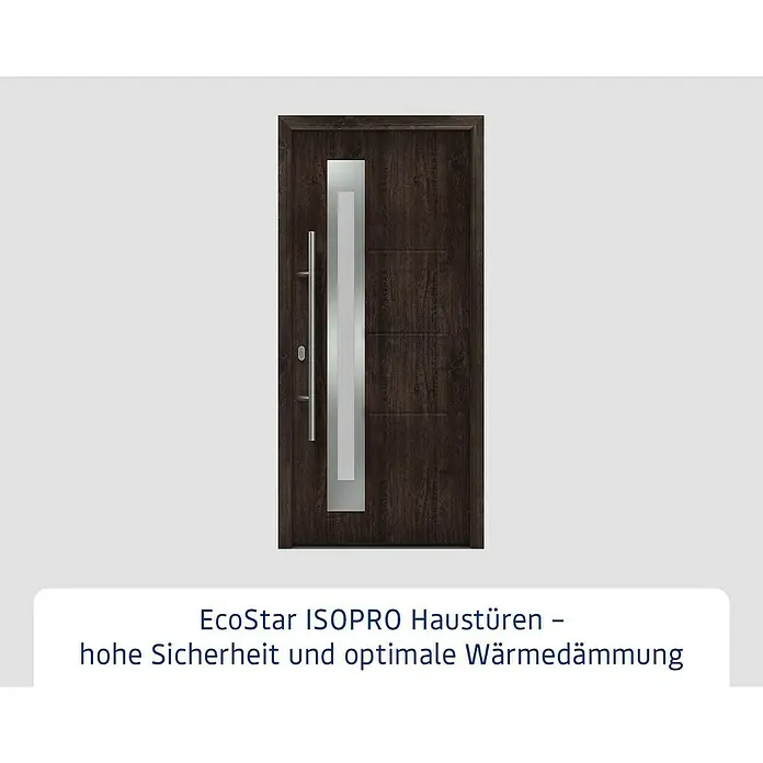Hörmann EcoStar Haustür ISOPRO IP 780S - 110 x 210 cm, DIN Anschlag: Links, Night Oak - Dunkelbraune, holzstrukturierte moderne Haustür mit vertikalem Milchglaseinsatz und langem silbernem Griff.