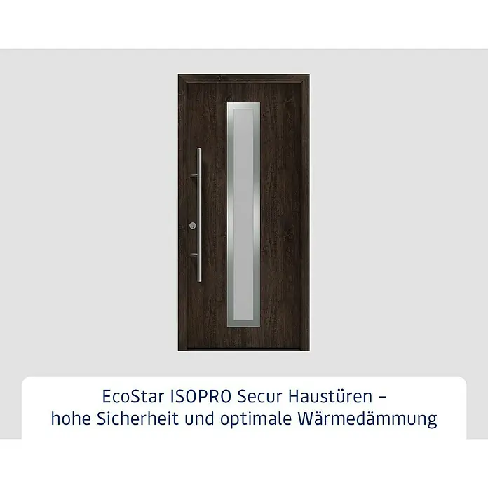Hörmann EcoStar Haustür ISOPRO Secur IPS 700S - 110 x 210 cm, DIN Anschlag: Links, Night Oak - Dunkelbraune Haustür mit vertikalem Glaseinsatz in Silberrahmen und langem silbernen Stangengriff. Bietet hohe Sicherheit und Wärmedämmung.