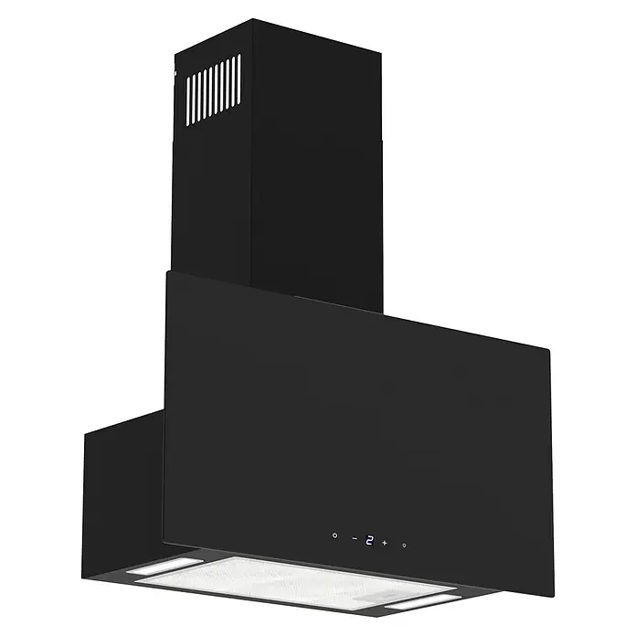 Respekta Campana decorativa Lio - Ancho: 59,5 cm, Máx. Potencia del ventilador en modo extracción: 325,8 m³/h, Negro - Campana extractora de cocina negra moderna con panel plano, luces integradas y pantalla digital que muestra la velocidad '2'.