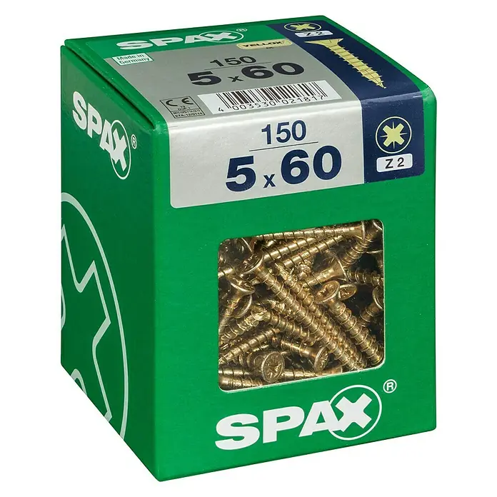 Spax Universalschraube - 5 x 60 mm, Vollgewinde, 150 Stk. - Eine grüne Packung Spax-Schrauben, 5x60 mm, mit 150 Stück Inhalt. Ideal für Holzbearbeitung und Heimwerkerprojekte.
