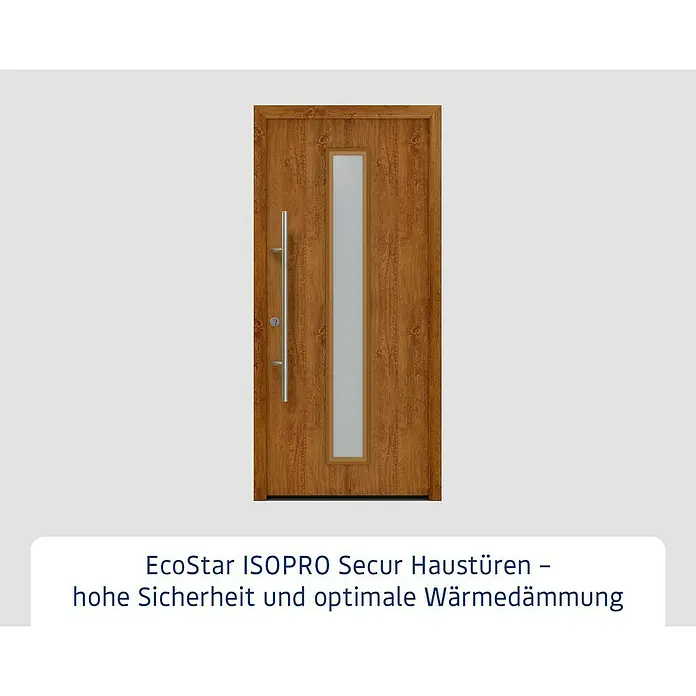 Hörmann EcoStar Haustür ISOPRO Secur IPS 020S - 110 x 210 cm, DIN Anschlag: Links, Golden Oak - Braune Sicherheits-Haustür in Holzmaserung mit vertikalem Glaseinsatz und langem Stangengriff.