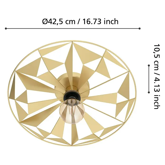 Eglo Deckenleuchte rund CASTANUELO - 40 W, Ø x H: 425 mm x 100 cm, Gold, E27 - Nahaufnahme einer goldenen Deckenleuchte mit geometrischem Design und Maßen.