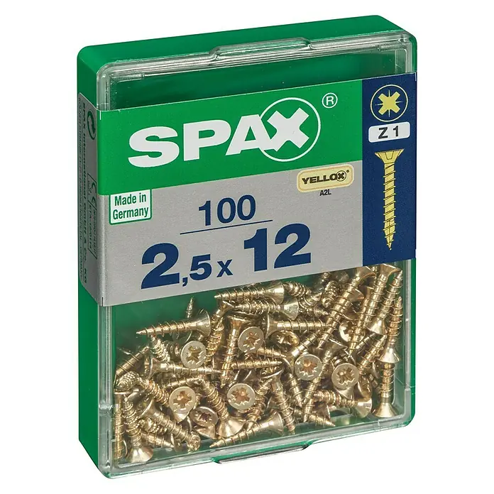 Spax Universalschraube - 2,5 x 12 mm, Vollgewinde, 100 Stk. - Dose mit 100 Spax Yellox A2L Schrauben, 2,5x12 mm, ideal für Holzverbindungen. Hohe Qualität, hergestellt in Deutschland.