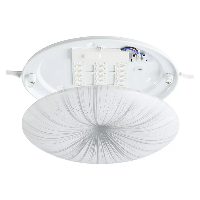 Eglo LED-Deckenleuchte rund NIEVES - 10 W, Ø x H: 31 x 6 cm, Weiß/Silber, Warmweiß - Nahaufnahme einer runden, weißen LED-Deckenleuchte mit einem dekorativen Lampenschirm, der ein modernes und stilvolles Design zeigt.