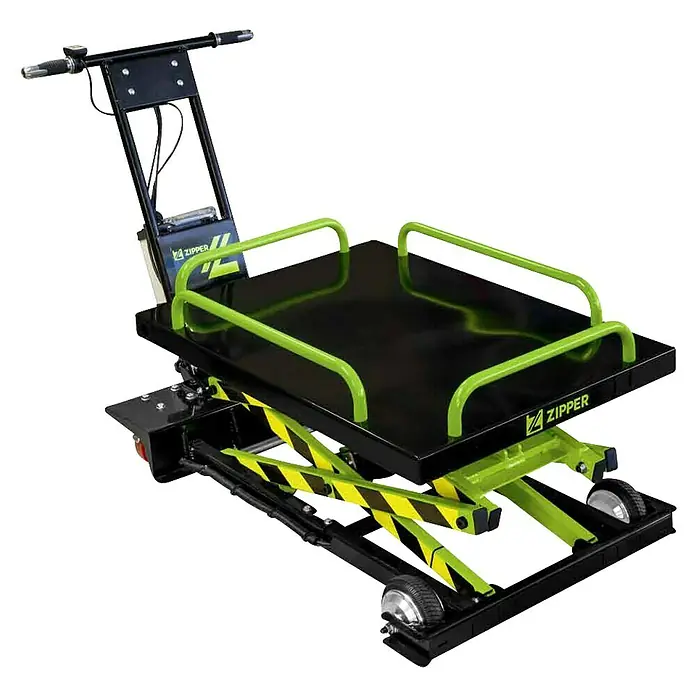 Zipper Scherenhubwagen ZI-SHW300 - Länge Arbeitsplatte: 100 cm, 60 cm, Max. Ladegewicht: 300 kg - Schwarzer und grüner elektrischer Scherenhubwagen mit Lenker, zum Heben und Transportieren von Lasten.